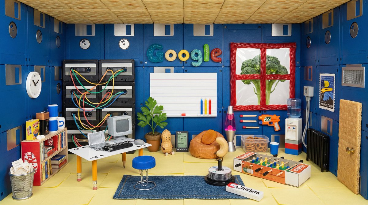 sarkun's tweet photo. Assemblage sculpture, Joan Steiner style. DENSE Google office, Early 2000s tech start-up in silicon valley theme. Macro-lens photography of miniature physical model. mappings: Wall panels as Blue 3.5-inch floppy disks, Floor tiles as Square yellow Post-it notes, Ceiling tiles as Saltine crackers, Server racks as Stacked black cassette tapes, Server wiring as Multi-colored rubber bands, Main whiteboard as Blank index card, Whiteboard markers as Multi-colored birthday candles, Office desk as Ace of Spades playing card, Desk legs as Unsharpened pencil stubs, CRT Monitor as Sugar cube painted grey, Keyboard as Black zipper segment, Computer mouse as Grey sunflower seed, Office chair seat as Blue plastic bottle cap, Office chair base as Twisted silver paperclip, Trash can as Metal thimble, Discarded memos as White bread crumbs, Bean bag chair as Dried apricot, Lava lamp as Clear medicine capsule with red beads, Water cooler tank as Upside-down perfume sample vial, Water cooler base as White LEGO brick, Disposable water cups as Blue pen caps, Snack bin as Clear plastic egg carton section, Bulk pretzels as Real micro-pretzels, Cereal boxes as Matchboxes with custom labels, Coffee machine as 9V battery, Coffee mug as White toothpaste cap, Bookshelf as Kit-Kat candy bar, Technical manuals as Individual matchbooks, Laptop (open) as Folded silver gum wrapper, Palm Pilot as Black licorice square, Employee (standing) as Peanut in its shell, Employee (sitting) as Whole cashew nut, Google Logo 'G' as Blue gummy bear, Google Logo 'o' as Yellow Cheerio cereal, Google Logo 'g' as Blue Fruit Loop, Google Logo 'l' as Green Mike and Ike candy, Google Logo 'e' as Red gummy worm segment, Window frame as Red Twizzlers Pull-n-Peel, Window glass as Stretched cling wrap, Landscape tree outside as Broccoli floret, Office desk plant as Sprig of fresh parsley, Plant pot as Acorn cap, Wall clock as White four-hole shirt button, Clock hands as Slivers of black electrical tape, Nerf gun as Orange Tic-Tac, Nerf darts as Orange-tipped matchsticks, Foosball table as Empty matchbox shell, Foosball players as Yellow and red plastic toothpicks, Ethernet wall jack as Single white LEGO stud, Hanging cables as Strands of grey embroidery floss, Radiator as Black fine-tooth comb, Area rug as Square of blue denim fabric, CD-R spindle as Stack of small metal washers on a toothpick, Power strip as White stick of Chiclets gum, Soda cans as Stacked silver eyelets, Poster on wall as Vintage postage stamp, Door as Graham cracker, Doorknob as Brass thumbtack, Ventilation grate as Small piece of window screening,