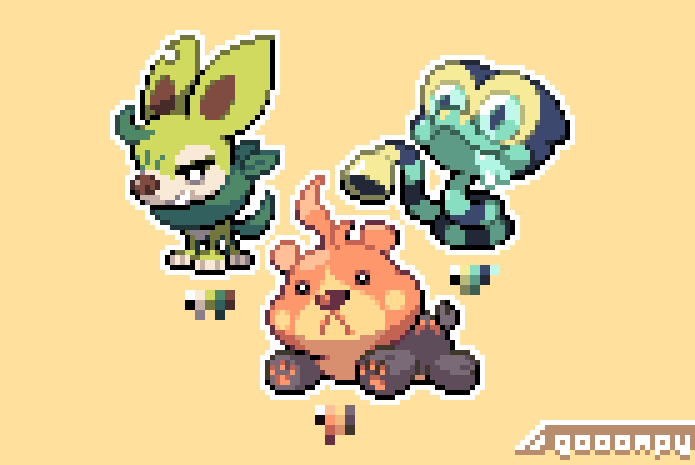 Tried gen 5ish style sprites for our Fakemon starters
they will evolve soon teehee