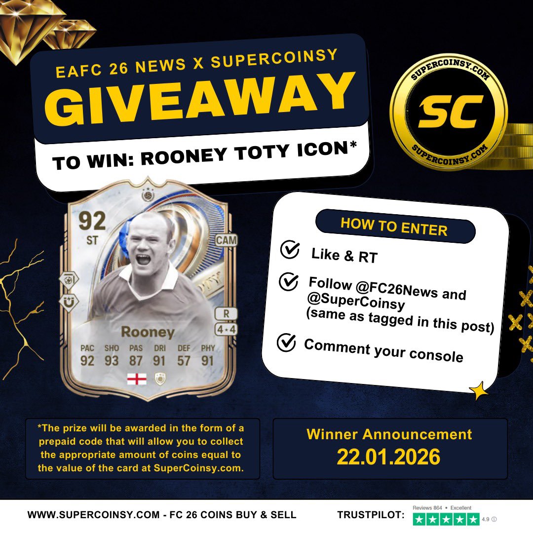FC26News_'s tweet image. 🚨 TOTY Rooney 🏴󠁧󠁢󠁥󠁮󠁧󠁿 Giveaway 🔥🔵

• ✅ Like + RT 
• ✅ Follow me + @SuperCoinsy 
• ✅ Comment your console 👇

Winner picked soon 🥳 #fc26