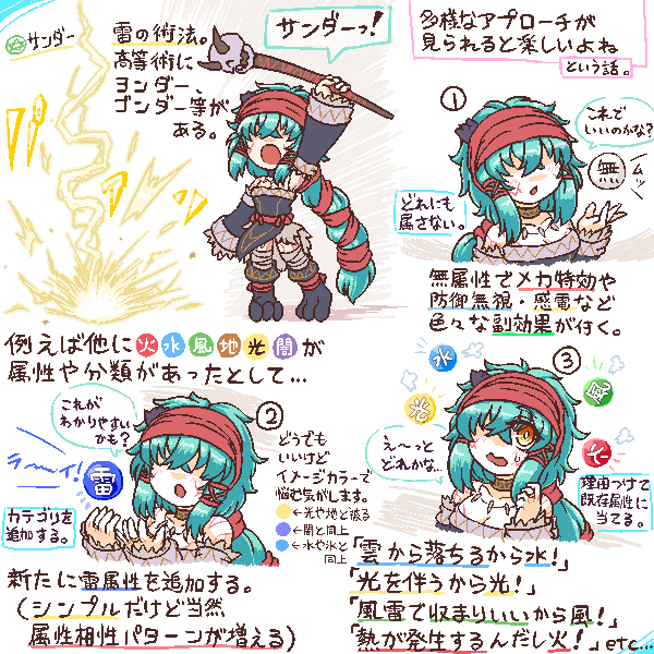◆雷属性が無い場合の雷・電気攻撃の扱い
分類が水術になったり、ライトニングなので光魔法になったり、水に有利なので風属性に入れられたり…

ゲームも浅く狭く遊んでるのでこの辺だいぶ浅学なんですけど、こういうのいっぱいあるのかなあ… 
