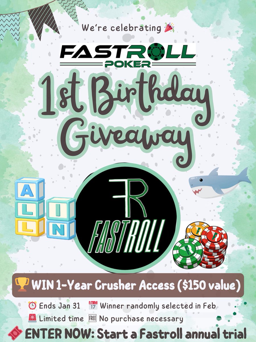 FastrollPoker's tweet photo. 🎉 Fastroll turned ONE! We’re celebrating with the BIRTHDAYPARTY giveaway.

🏆 WIN a 1-Year Crusher Subscription ($150 value)

How to enter now:
👉 Download (https://t.co/kvRWx9X9UE)
👉 Start an annual trial
🎟️ Automatically entered

⏰ Ends Jan 31
🆓 No purchase necessary https://t.co/SD05nLqtUy