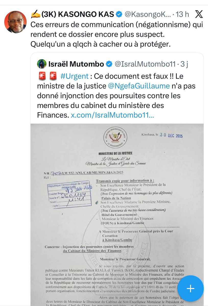 CORRUPTION AU MINISTÈRE DES FINANCES.

La position du President national du MCA Son Excellence Kas KASONGO KALALO <a href="/KasongoKas/">✍️(3K) KASONGO KAS</a> est claire.
Monsieur <a href="/LikundeR/">Doudou R. FWAMBA LIKUNDE</a> vous êtes prié d’arrêter de protéger vos deux Messieurs présumés corrompus, mettez les à la disposition de la Justice.