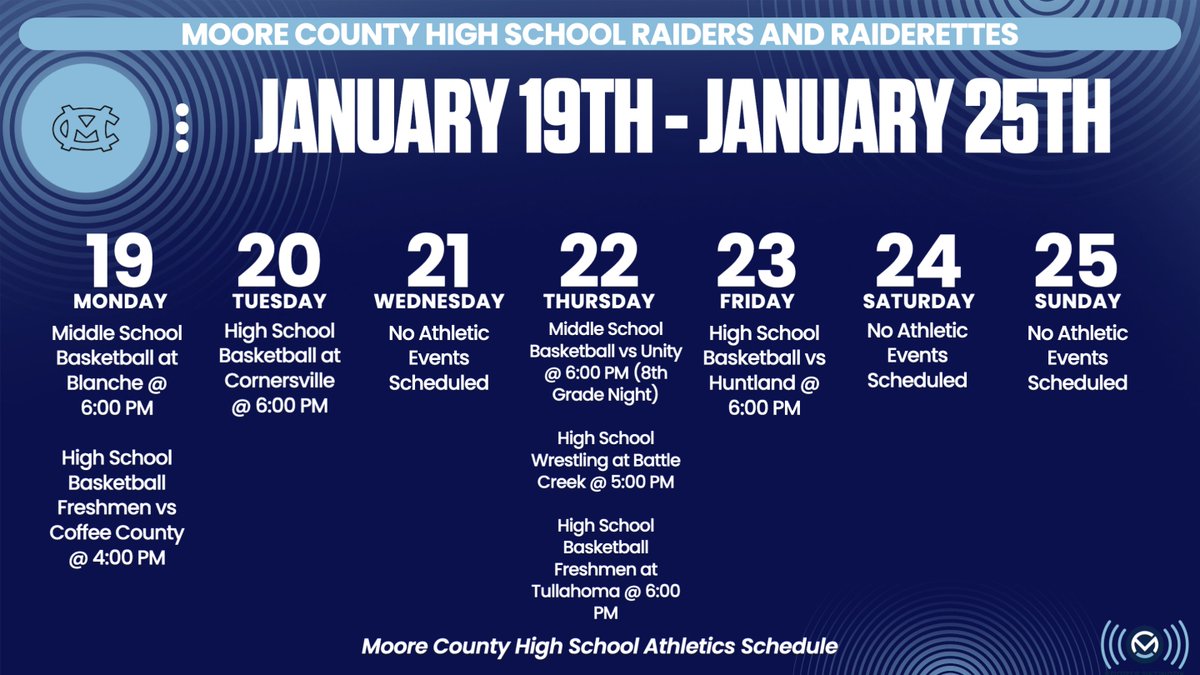 MooreNetwork's tweet image. Moore County Athletics Schedule: January 19th - January 25th
