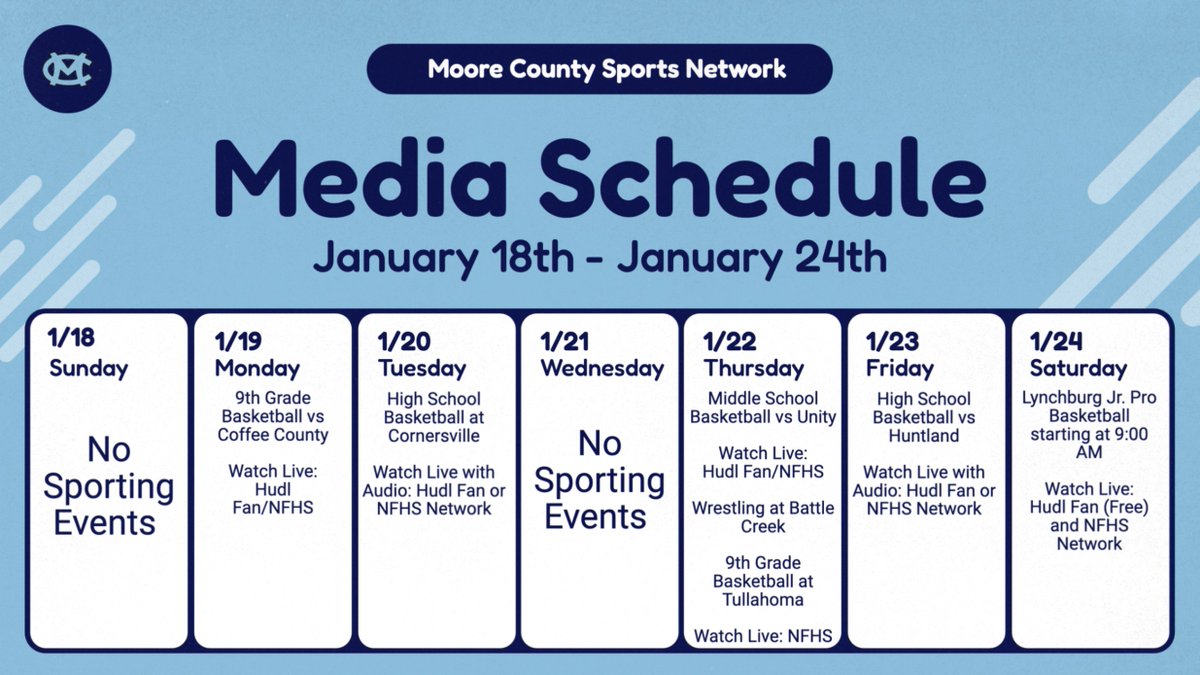 MooreNetwork's tweet image. Moore County Athletics Media Schedule: January 18th - January 24th