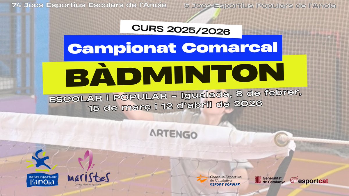 🏸 Campionat Comarcal de Bàdminton🏸

Obert a totes les edats, des de benjamins fins a sèniors. Vine a competir al pavelló dels Maristes d'Igualada.

📅 Dates: 8 feb, 15 març i 12 abr. 
📝 Inscriu-te aquí: tuit.cat/Idh20