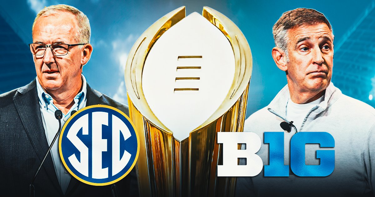 On3's tweet image. NEWS: The SEC would rather keep the College Football Playoff at 12 teams than expand to 24, @Clowfb reports. Greg Sankey is targeting a 16-team field.  

Sources tell @Brett_McMurphy the Big Ten has not moved off the idea of expanding to 24👀

on3.com/news/college-f…