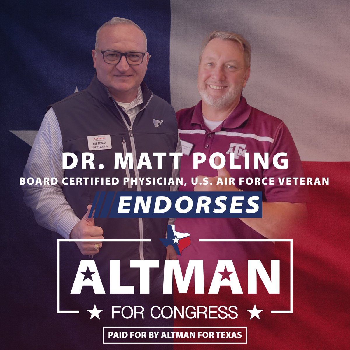 altmanfortexas's tweet photo. 🚨ENDORSEMENT ALERT🚨
Thank you Dr. Matt Poling, Board Certified Physician and U.S. Air Force Veteran, for endorsing Rob Altman for Congress in TX-10. Another strong voice joining the movement to put Texas first. 🇺🇸
#AltmanForTexas #TX10 #Endorsement #USAirForce #Veteran https://t.co/Z3kEK6EZeH