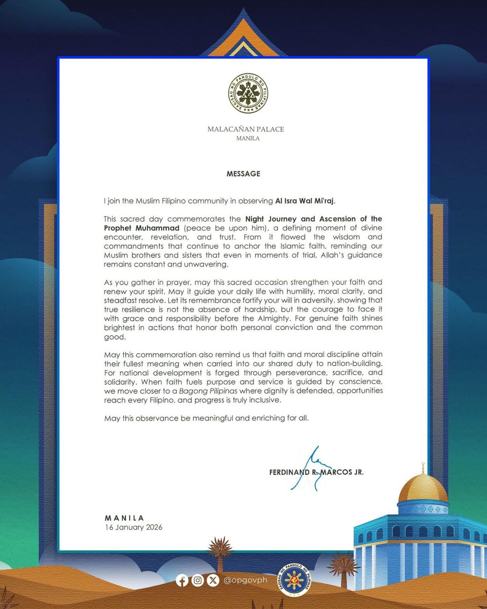 PHinKuwait's tweet image. READ: President Ferdinand R. Marcos Jr. joins the Muslim community in commemorating Al-Isra Wal Mi’raj, a sacred day that commemorates the Night Journey and Ascension of the Prophet Muhammad.

#PHinKuwait #FilipinosinKuwait