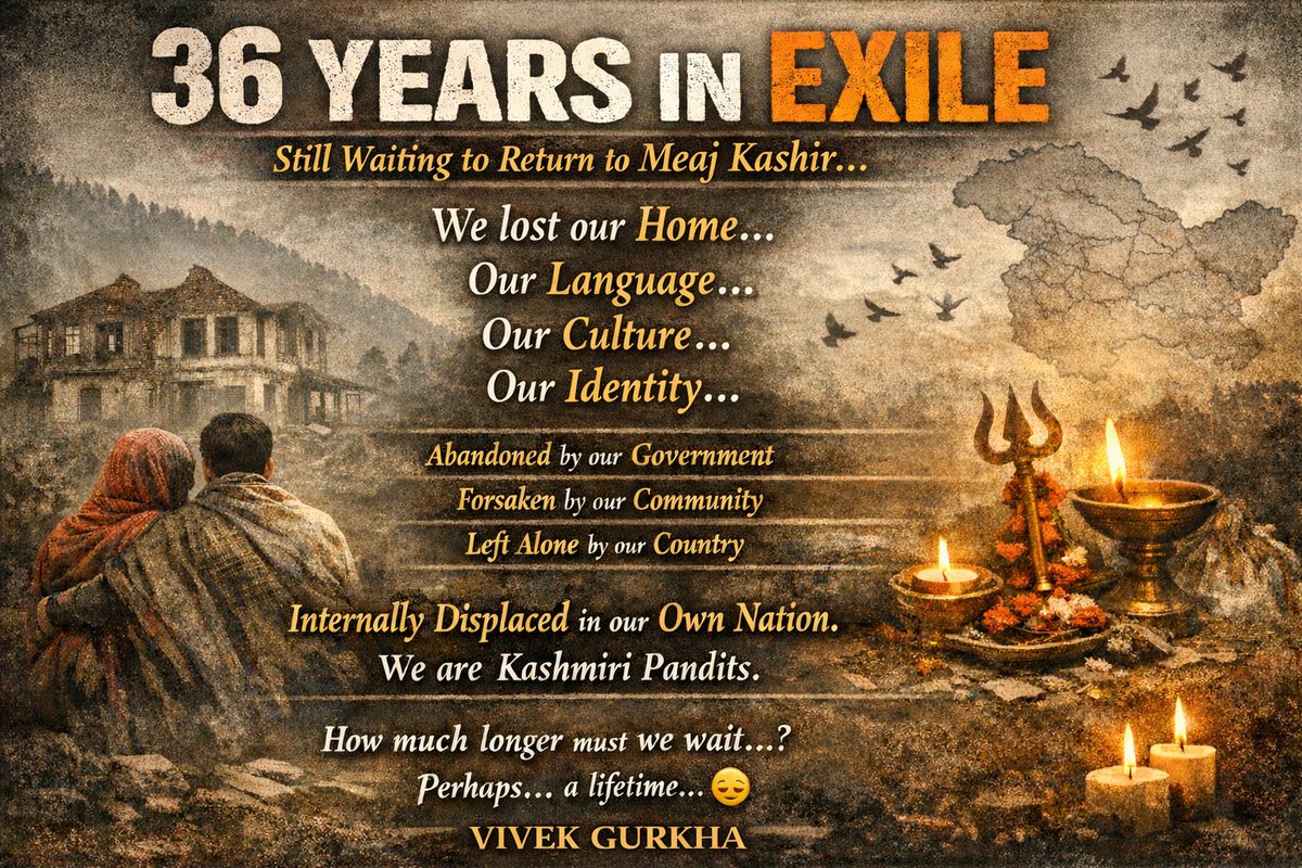36 years since we were forced out of our homeland, Kashmir
Still waiting to return to Meaj Kashir.
We lost our homes, language, culture, and identity
We live as internally displaced people in our own nation.
We are #KashmiriPandits
<a href="/narendramodi/">Narendra Modi</a> <a href="/AmitShah/">Amit Shah</a> <a href="/sudhirchaudhary/">Sudhir Chaudhary</a> 
#1990