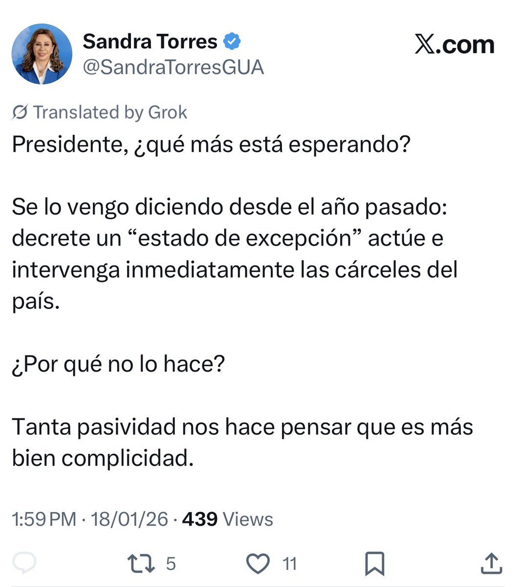 👀 Hace 3 horas, Torres pidió a Arévalo decretar un estado de excepción por la crisis de seguridad.

Usuarios añadieron una nota de comunidad recordando que su sobrina está presa y es pareja de un líder pandillero (Barrio 18).

Torres borró el tuit y acaba de publicar otro igual.