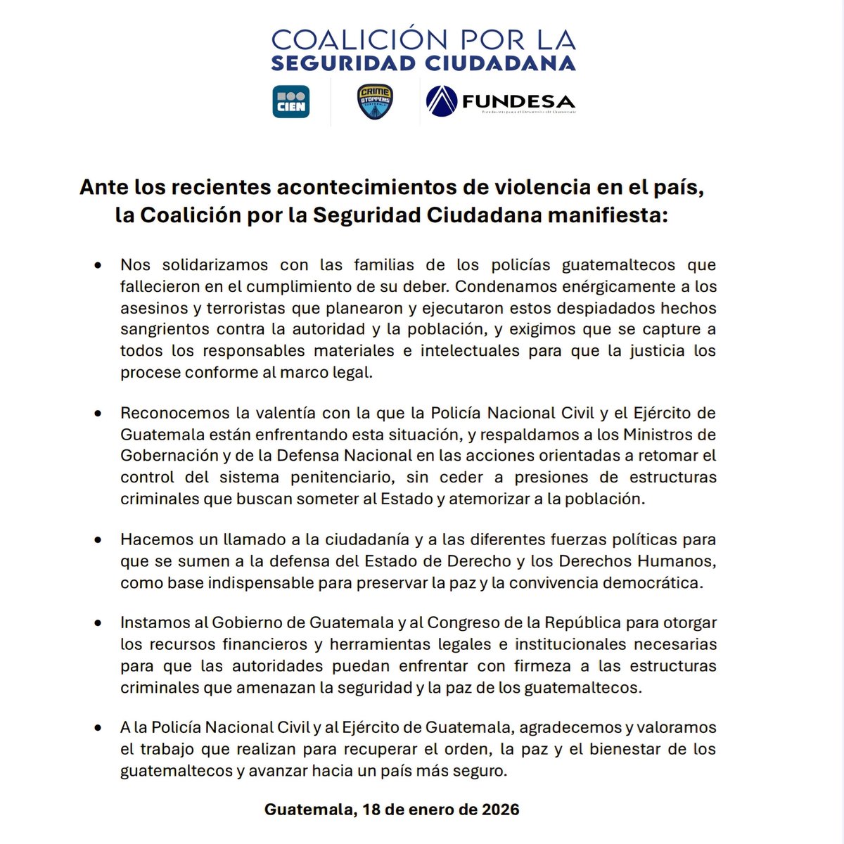 🚨 La Coalición por la Seguridad Ciudadana condena los hechos violentos, expresa su solidaridad con las familias de los policías caídos y respalda a la PNC y al Ejército. Exigimos justicia, control del Sistema Penitenciario y defensa del Estado de Derecho.
#SeguridadGT
