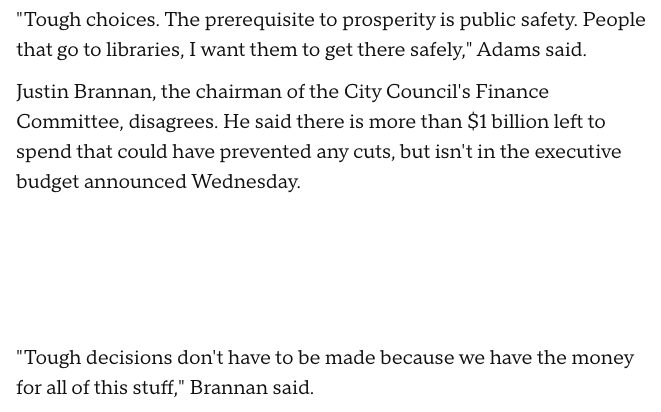 "Tough decisions don't have to be made because we have the money for all of this stuff," <a href="/JustinBrannan/">Justin Brannan</a>  said in a <a href="/CBSNews/">CBS News</a> interview.

<a href="/JustinBrannan/">Justin Brannan</a> I thought he had billions to spare?