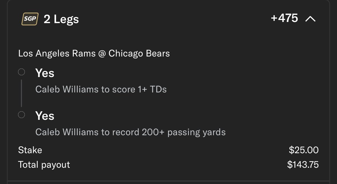 FlackoBetsDaily's tweet photo. RAMS VS. BEARS PLAYOFF GAME 🏈💰

This is my best bet of the day. Regardless if the Bears win or not Caleb will have to play one of the best games of his career. 

I will be taking Bears ML but want to find an inplay opportunity if they go down by a TD early in the game.

#Dabears #parlay #NFLPlayoffs #degenseason