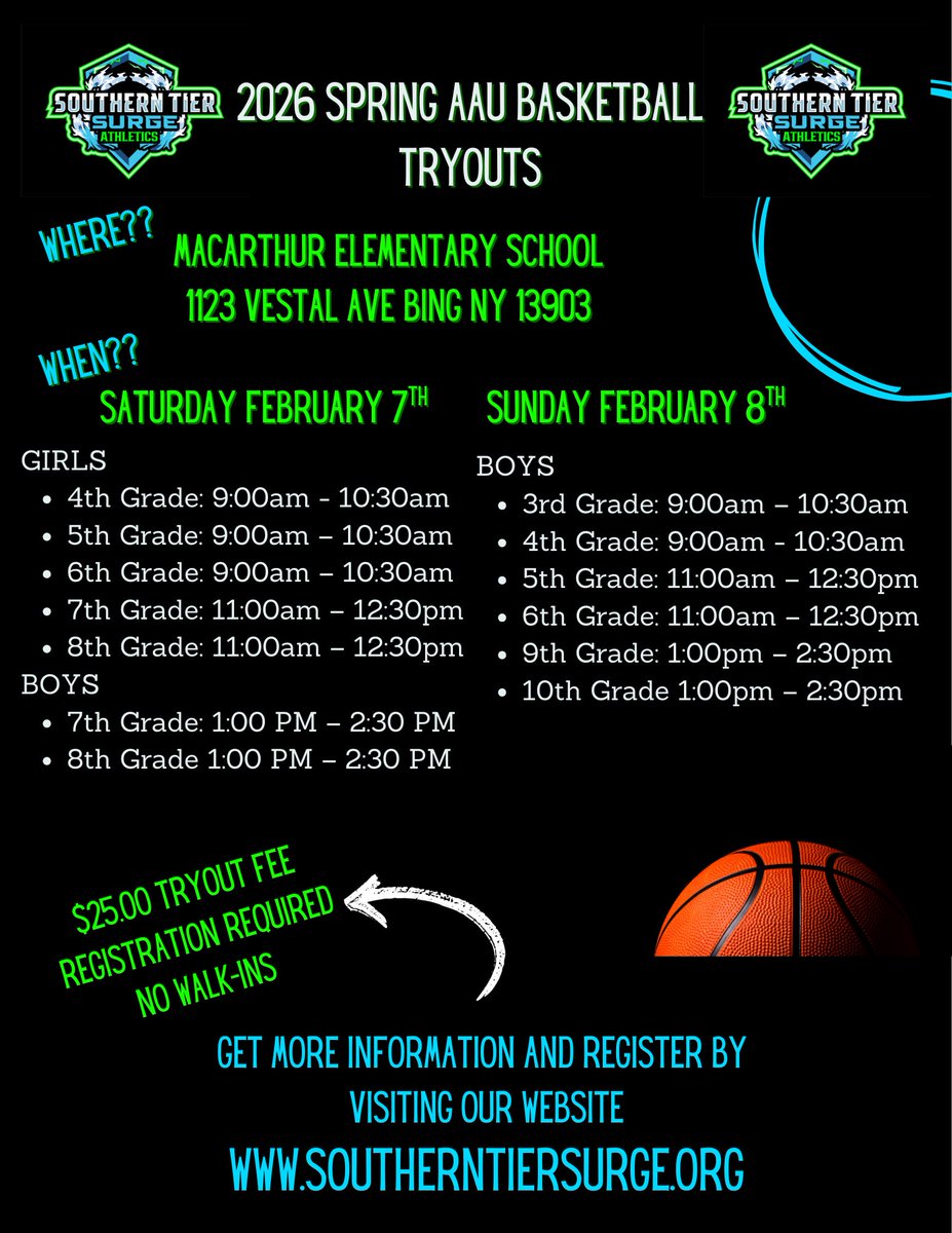 Join the Surge!

Southern Tier Surge basketball tryouts are almost here! Don’t miss your once-a-year opportunity to compete, grow, and reach your full potential.

Our coaching staff is waiting to work with hardworking, committed, coachable players.

Tryouts are just a few weeks