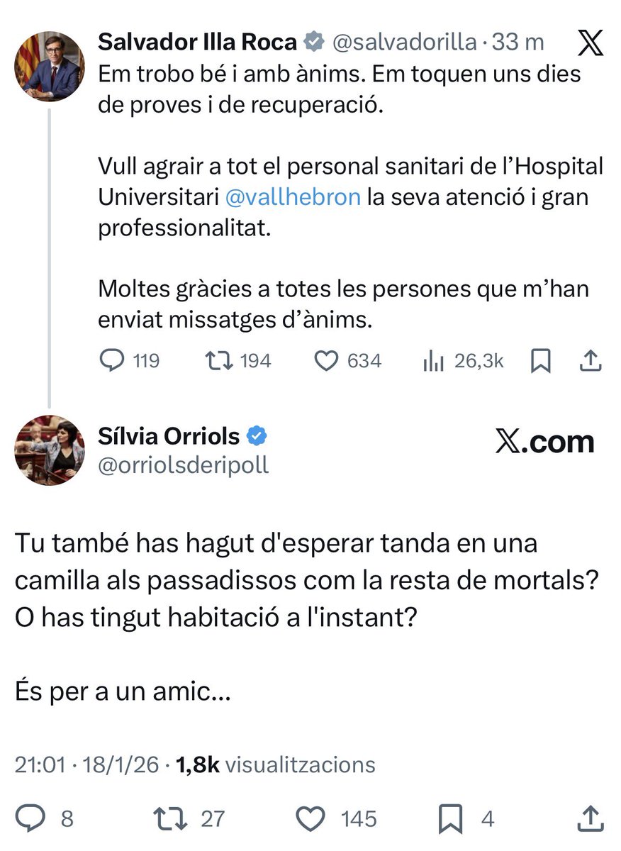 Es pot estar a les antípodes polítiques i tenir un mínim d’humanitat en qüestions com la salut. Però no pot evitar ser una hooligan a tota hora. Per cert, espero que no estigui insinuant que els metges de la Vall d’Hebron l’han tractat privilegiadament.