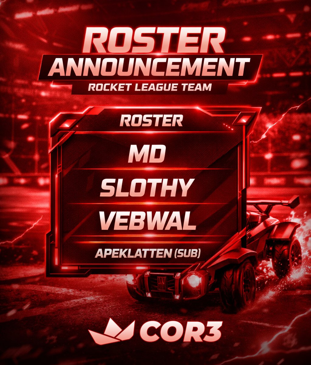 COR3gg's tweet photo. Introducing our roster for the next season of @RLSuperSeries Elite division!

🚗 @MD__RL 🇩🇪
🚗 @SlothyRL15 🏴󠁧󠁢󠁥󠁮󠁧󠁿
🚗 @Vebwal 🇳🇴
🚗 @Apeklatten07 🇳🇴 (s)
🚓 @BOOSTER00000 🇸🇪 (m)

We are excited to field such a good roster! It's time to aim for the playoffs!

#cor3 https://t.co/ESiY560ZfQ