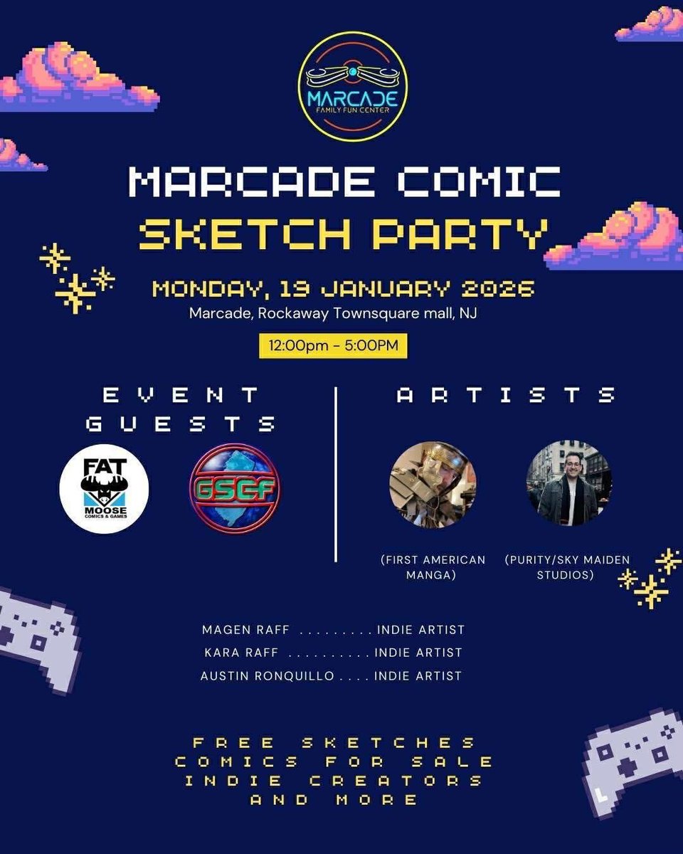 Tomorrow visit us on your day off! 12-5pm Monday Jan 19th 
Comics, toys and artists doing free sketches! Grab a free slice of pizza! While you’re here stay and play some classic nostalgic 80s retro games, air hockey and Xbox! (Normal game play rates apply)