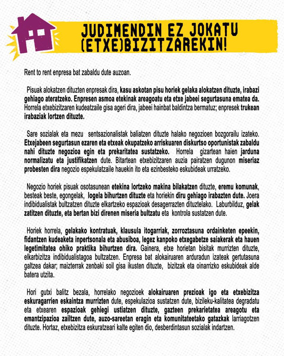 BatutaSare's tweet photo. ⚠️⚠️Rent to Rent enpresa bat zabaldu dute Judimendin!⚠️⚠️
Pisuak alokatzen dituzten enpresak dira, kasu askotan pisu horiek gelaka alokatzen dituzte, irabazi gehiago ateratzeko 💵💵 https://t.co/vLsyCHbBvY