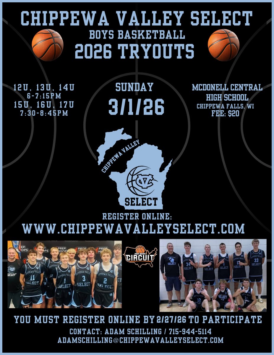 CV_Select's tweet image. Chippewa Valley Select Boys Basketball next and final tryout for our 2026 teams will be on 3/1/26.  You can register at this link until 2/27/26: forms.gle/HtvHD9qEY48yTs…

Visit chippewavalleyselect.com for more information.  
@WisBBYearbook 
#CV_Select