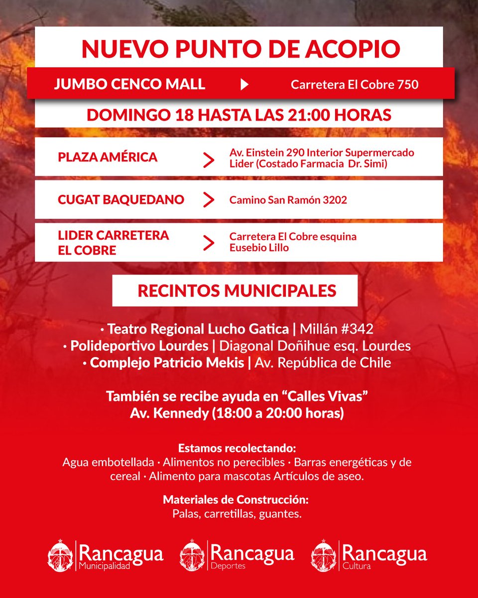 #Rancagua solidaria: Seguimos sumando lugares de acopio para recibir la ayuda que irá a los afectados por los incendios forestales del sur del país. Muchas gracias a todos los que han aportado. Recuerde que los esperamos hasta las 21 horas.