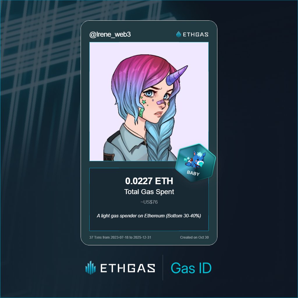 Irene_web3's tweet photo. Discovered my Gas ID via ETHGas - turning my gas spend into rewards 🫘

As a Baby Jack, I've spent 0.0227 ETH on gas but earned 4 Beans back.

Get your Gas ID and Beans here: https://t.co/aXwVcLv2p8 https://t.co/ESDkv2IOef