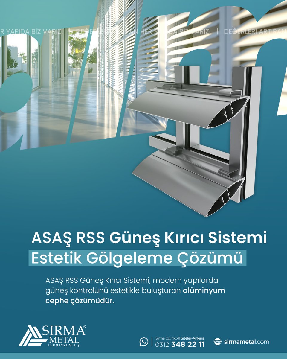 ☀️ASAŞ’ın RSS Güneş Kırıcı Sistemi, mimari cephelerde güneşin zararlı ısı ve ışığını kontrol altına alırken estetik bir görünüm sunan alüminyum profil sistemidir.

🔹Geniş Profil Ölçüleri
🔹Dayanıklı ve Estetik Yüzeyler
🔹Fonksiyonel Tasarım ve Kullanım

sirmametal.com.tr