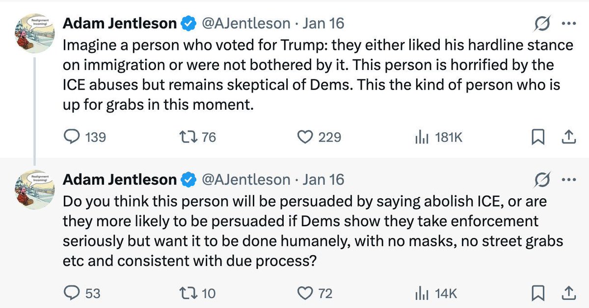 gelliottmorris's tweet image. Losing my mind at the Dems with their billionaire backers and powerful friends who have come up with the brilliant strategy that the party should adopt the policy positions of the avg MAGA voter — apparently ignoring that independents and swing voters even exist. Worth $40 mil??