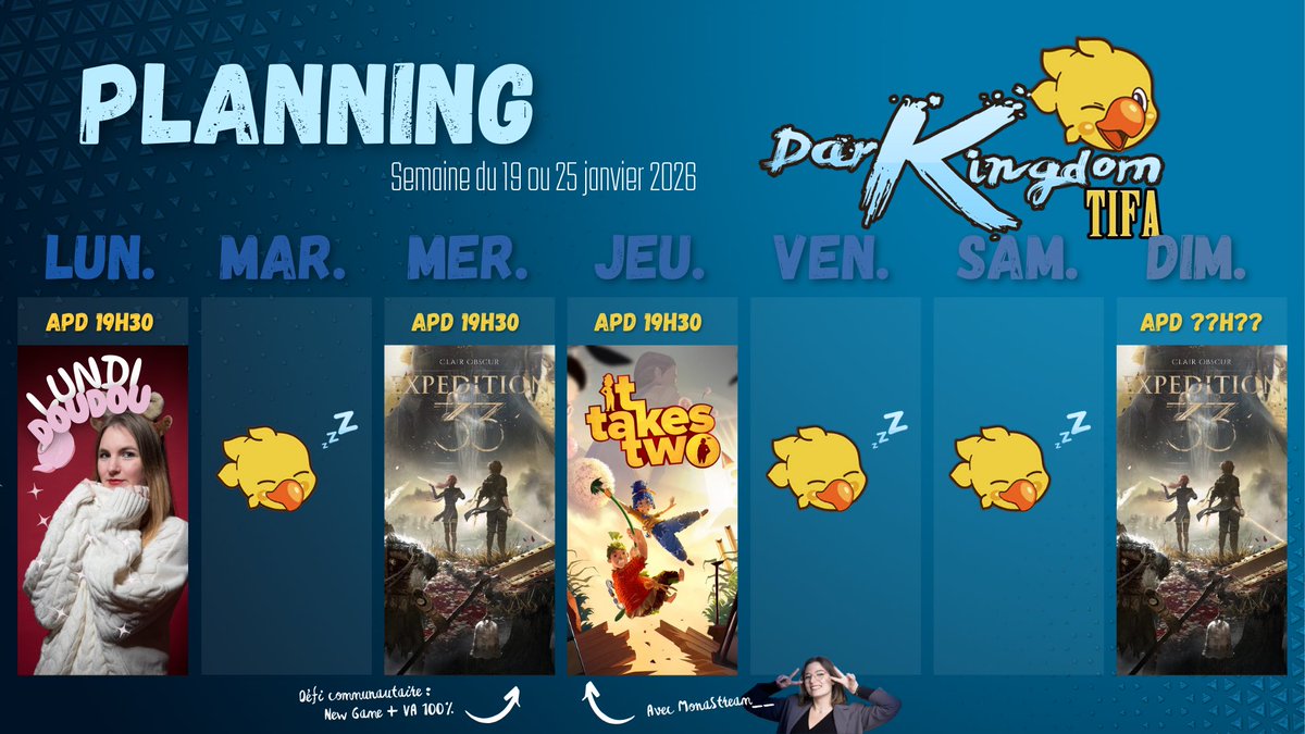 C’est le jour du planning. RDV semaine pro 👍🏻 (ou dès demain mais sur Twitch)