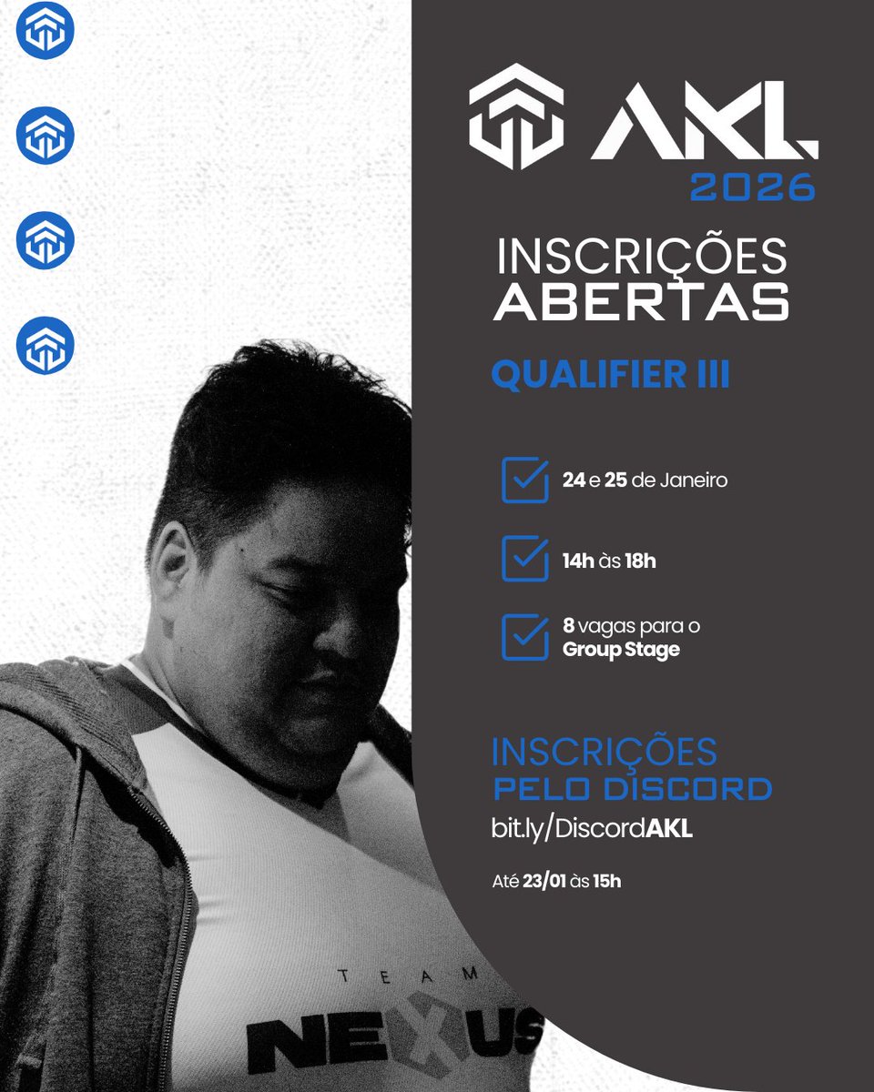 As inscrições já estão abertas para a terceira e última Qualifier do Stage I.

📅 24 e 25/01/2026
⏰ 14h–18h
🎯 8 vagas para a próxima fase
💰 R$ 5.000 de premiação no Stage 1
📝 Inscrições pelo Discord (bit.ly/DiscordAKL).

[<a href="/EmraKuL__/">EmraKuL</a>  (📸<a href="/LenaLemoss/">Lena</a>) ]