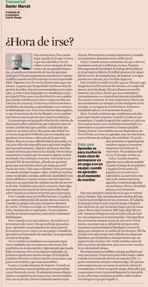 1/3 ¿Es hora de irse?
 Muchos directivos se quedan por inercia, pero el verdadero liderazgo exige saber cuándo cerrar una etapa.
Grande como siempre <a href="/XavierMarcet/">Xavier Marcet</a>