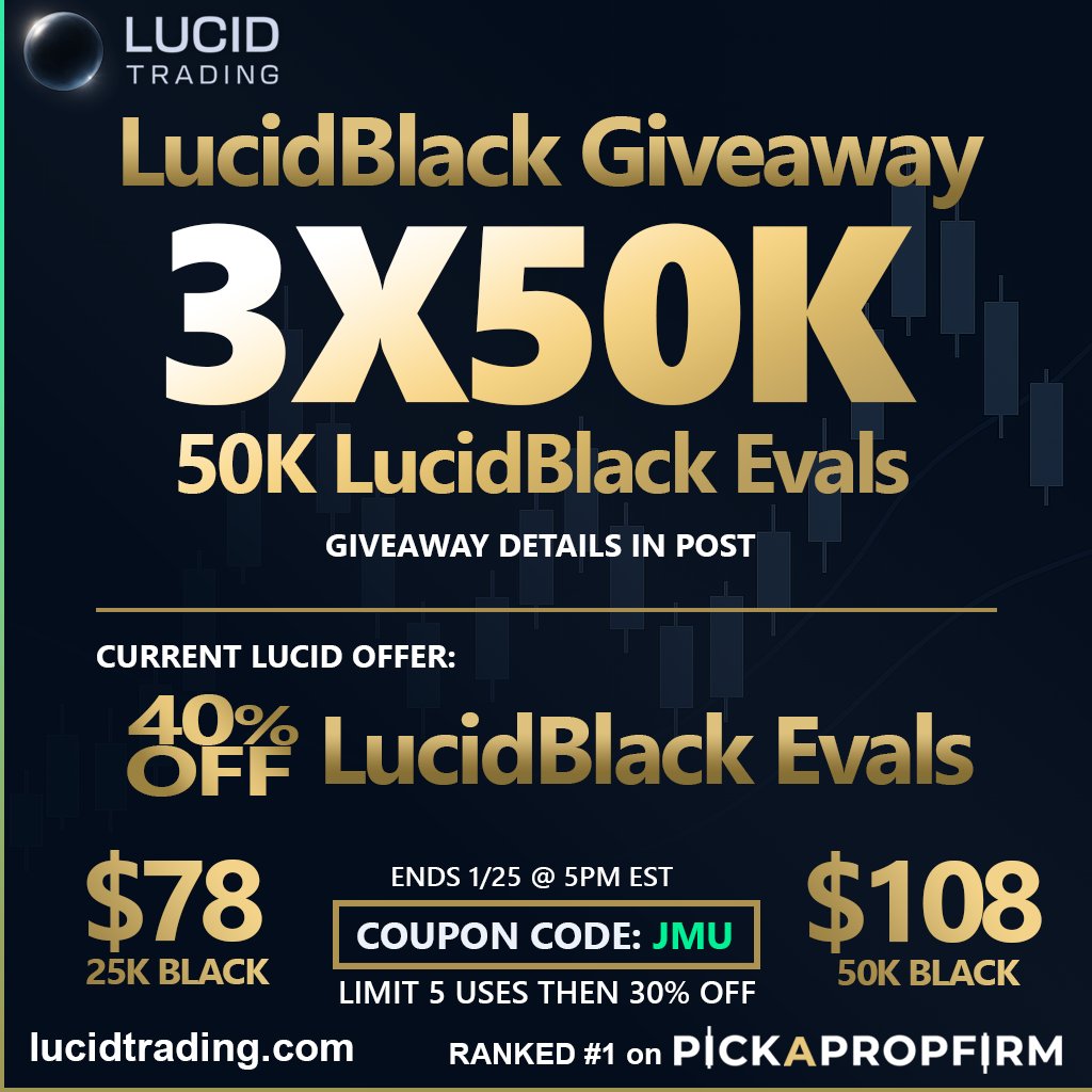 LucidBlack Launch Giveaway!
3 winners receive a FREE 50K LucidBlack Eval.
TO ENTER: 
1️⃣ Follow @Tradinglucid, <a href="/jmutrades/">Jmu</a>, @pickapropfirm
2️⃣ Like &amp; RT
3️⃣ Tag 3 friends and reply with your favorite LucidBlack feature.
4️⃣ Need a hint? Visit Lucid's site👉prop.deal/Lucid
