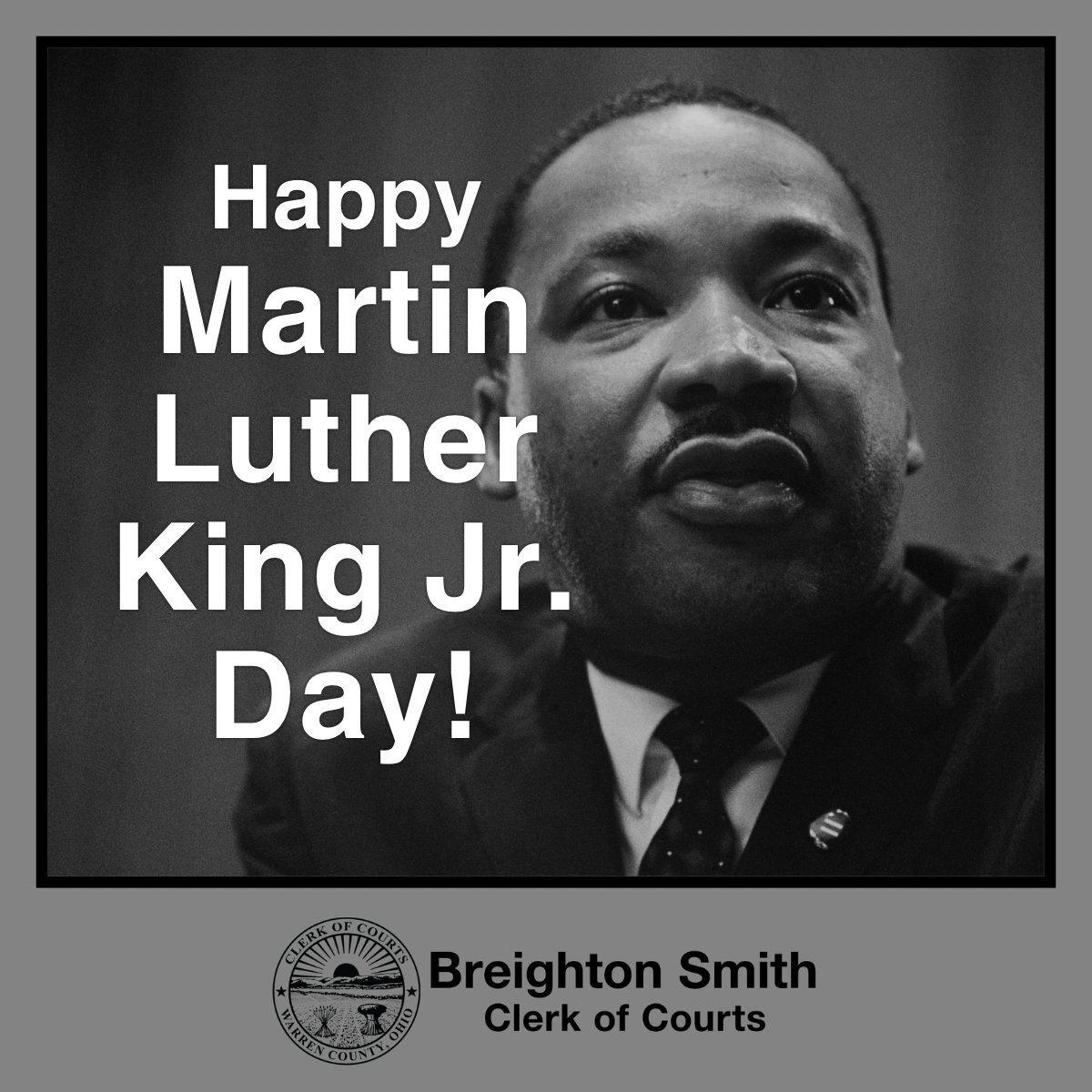 WarrenClerk's tweet photo. Happy Martin Luther King Jr. Day!

Our offices are closed today in observance of this national holiday, and will reopen on Tuesday, January 20th.

#MLKday #WarrenCountyOhio #WarrenClerkOfCourts https://t.co/gYx9q8X0G8