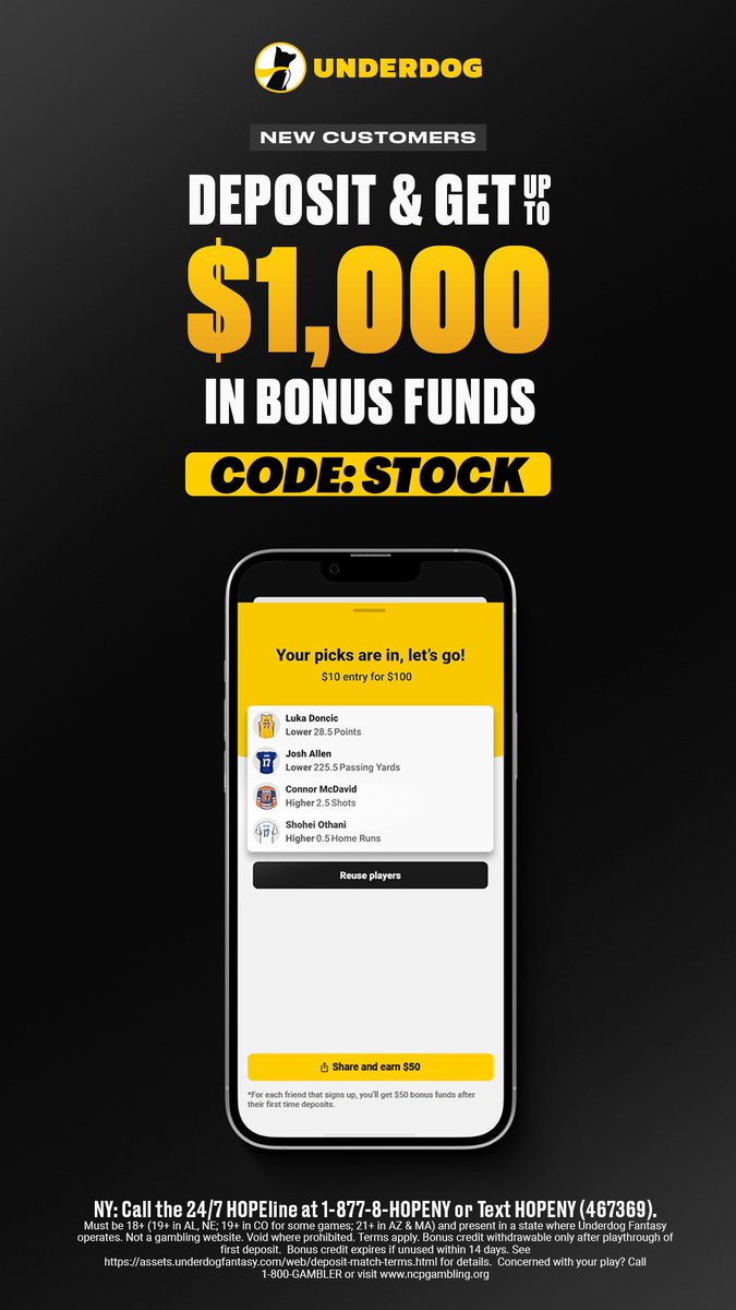 FootballStock's tweet image. Check your Lobby for Promos today

I had a 40% profit boost for this one you should also have a #playoffmagic token to reduce any QBs total to a 0.0 GIMME

New users can signup using code "STOCK" and get $75 in bonus entries on their first play of $5 or more: