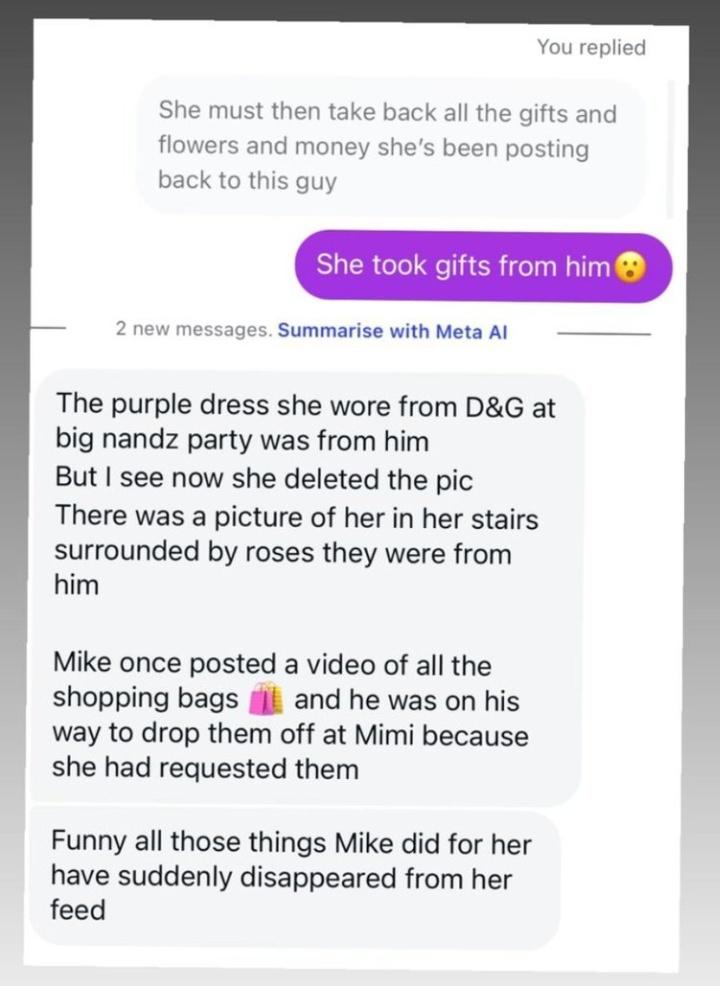 Burnerburnerac5's tweet image. So before Mihlali felt scared for her life after getting involved with the married Mike Brits and running away with his money, she was accepting gifts from him like this purple Dolce and Gabbana dress.