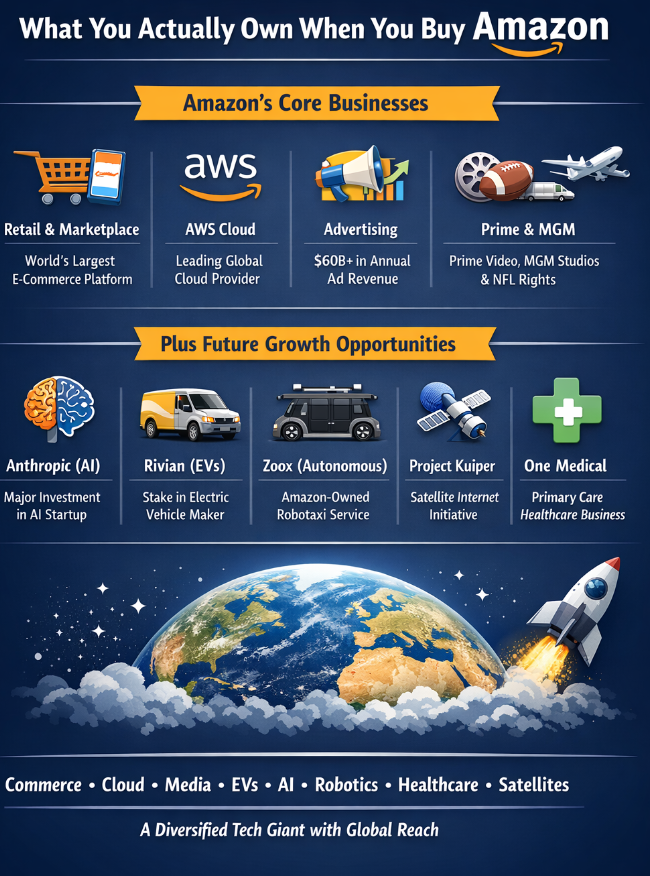 TacticzH's tweet image. $AMZN - Amazon IS the ecosystem.

You get:
- E-commerce &amp;amp; Marketplace: ($800B)
- AWS (Cloud &amp;amp; AI): ($1.2T)
- Advertising: ($500B)
- Logistics &amp;amp; Fulfillment: ($200B)
- Prime Video &amp;amp; MGM: ($100B)

And on top of it you get exposure to:

- Anthropic: ($8B invested) 
- Rivian: ( $RIVN…