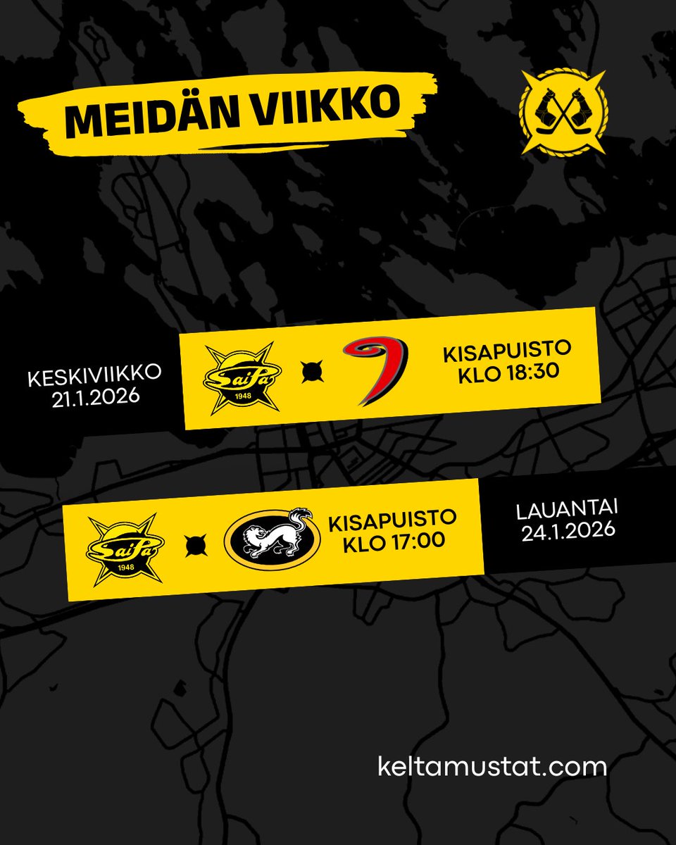 Viikon 4 tarjonta, olkaa hyvät:

Ke 21.1. SaiPa - JYP
La 24.1. SaiPa - Kärpät

Nähdään hallilla!

#SaimaanKeltamustat #SaiPa #MeidänPojat #YhdessäMeTätäTehdään #Pelipäivä #Meidänviikko #KahdenPelinViikko
