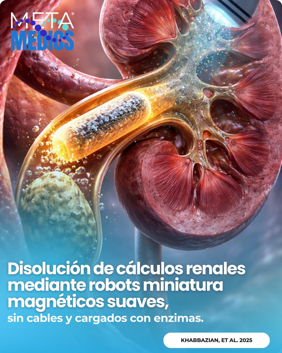 Metamedicsmx's tweet image. Mini-robots blandos magnéticos con ureasa podrían ayudar a disolver cálculos de ácido úrico: pH local ~7 y hasta 30% menos masa en 5 días (in vitro), con seguimiento por ultrasonido. Fuente: Adv. Healthcare Mater. DOI:10.1002/adhm.20240342