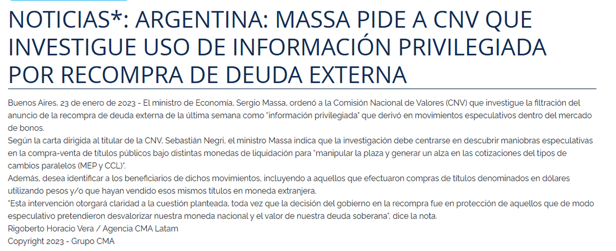 Hoy se cumplen tres años del día en que el exministro <a href="/SergioMassa/">Sergio Massa</a> anunció la recompra de bonos soberanos por u$s1.000 millones. Lo curioso es que el precio de los bonos se había disparado un día antes del anuncio. Días después, Massa anunció que se investigaría si hubo inside