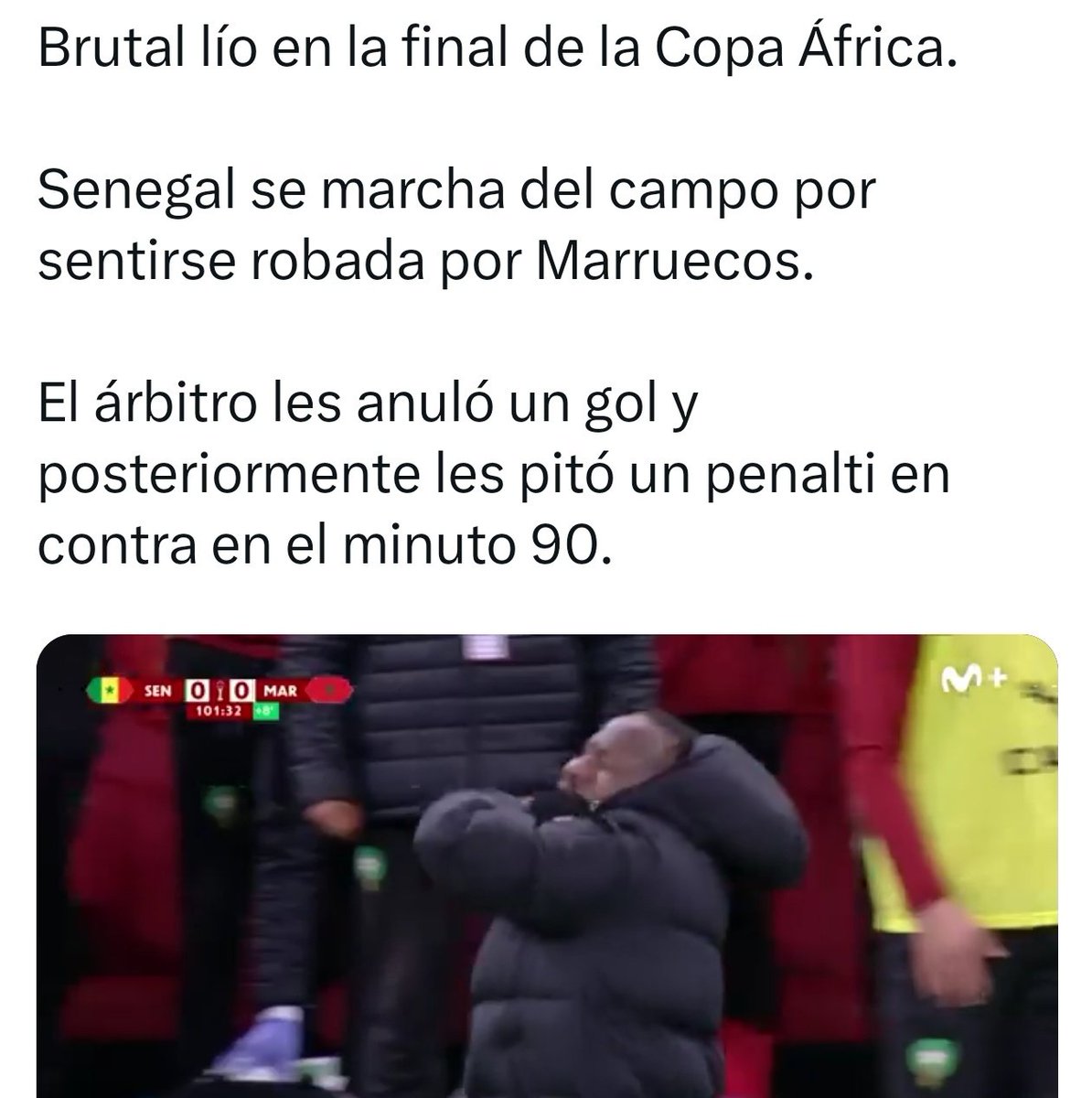 Ojo a esto. Lo que deberían hacer los equipos contra el Real Madrid lo ha hecho Senegal tras el robazo que le ha pegado Marruecos.