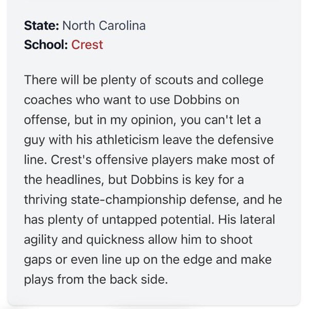 paxton_dobbins's tweet photo. Thank you @whelms21 for recognizing me in your “January Stock-Risers: 2027” article! 
@_dmanning99 @EnforcerAth @omarporter1 @CoachSkipYoung @CrestFBRecruits @TREHARBO @threat_sports @dobson_collins7 @MarquietP @Kjaariahdad @coachftiii @CoachC_Foster @PrepRedzoneNC https://t.co/8JWqBoGVAT