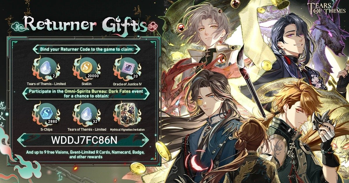 Kryshugh's tweet photo. #TearsOfThemis 
has prepared a Returner Gift for you! Come back and join the Special Event! Bind my Returner Code  [WDDJ7FC86N] to claim your rewards! Download Link: https://t.co/HZEsZk0xc8 https://t.co/xkCCqzwkx6