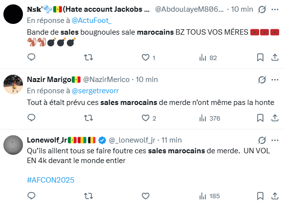 F_Desouche's tweet image. « N*gres », « bougn*ules », « s*les marocains » : la finale très tendue de la CAN entre le Sénégal et le Maroc donne lieu à des tensions communautaires et ethniques sur les réseaux #MARSEN #SENMAR #CAN2025