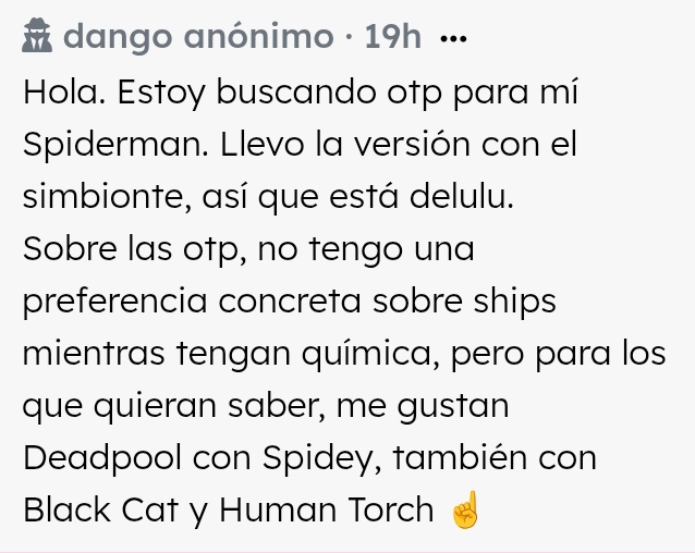 dango_cc's tweet image. otp para spiderman! le gustan deadpool, black cat y human torch 🩷