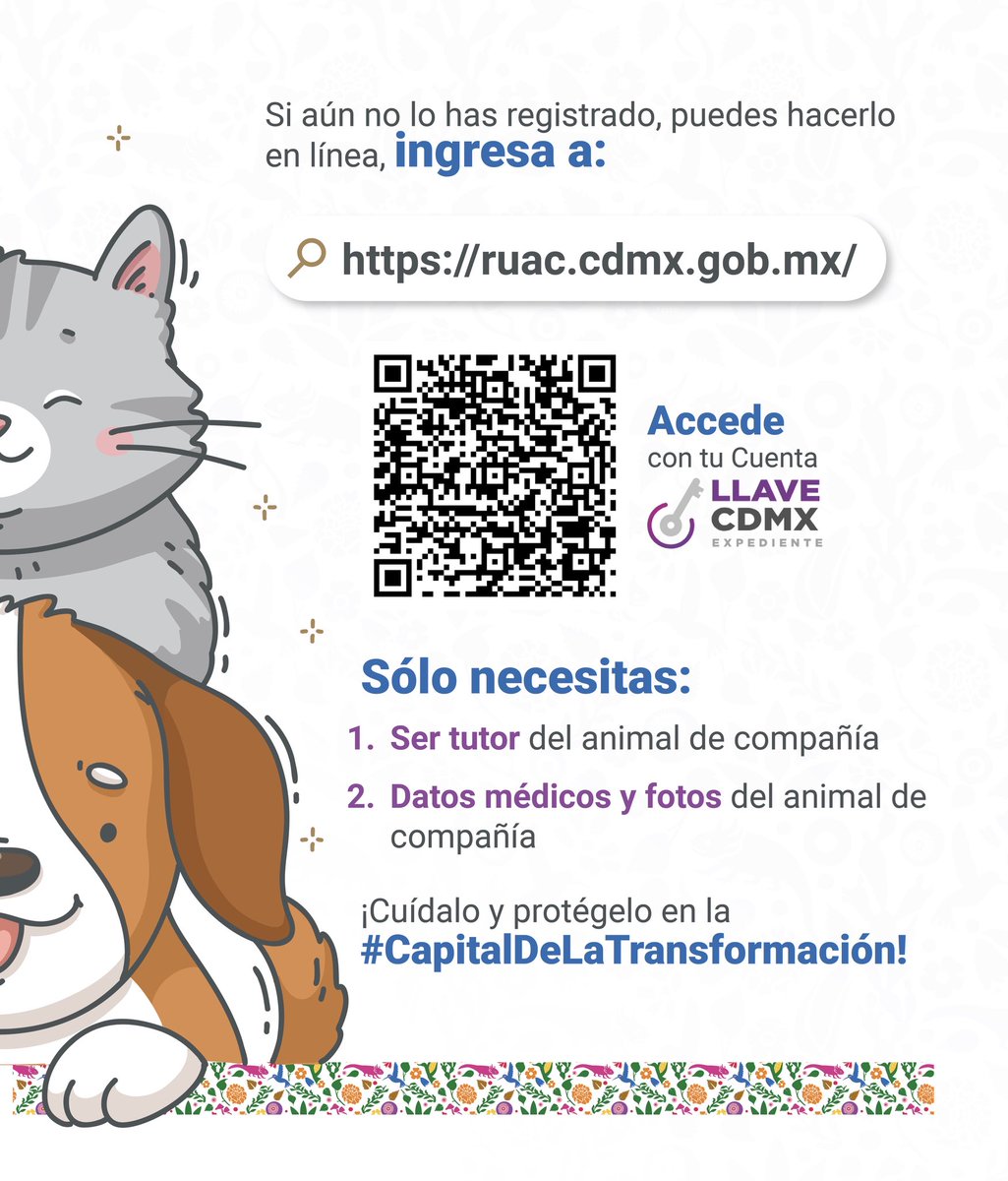 🐶 Registrar a tu animal de compañía en el #RUAC es un acto de amor y cuidado. ❤️‍🩹

🐩 ¡Conoce todos los beneficios que brinda a l@s peluditos del hogar! 🐕

💫 Si quieres darlo de alta, sólo escanea el código que aparece en la imagen o ingresa a: 🐾 ruac.cdmx.gob.mx