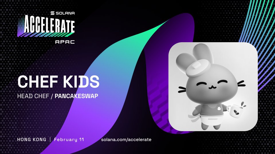 SolanaEvents's tweet photo. The future of finance will be decentralized.

We're excited to announce our latest speaker at @solana Accelerate APC at @consensus_hk:

@Headchef_pcs, Head Chef at @PancakeSwap—one of the leading DEXs globally. 

Come hear about how they'll be accelerating decentralization in the APAC region and expanding access to Finance 2.0 in the fastest growing region of the world.