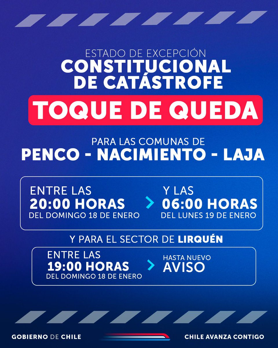 Toque de queda preventivo por incendios forestales 

Debido a la emergencia por incendios forestales, 3 comunas de la región entran en toque de queda como medida preventiva. 

Revisa acá los horarios y comunas para que planifiques tus desplazamientos.