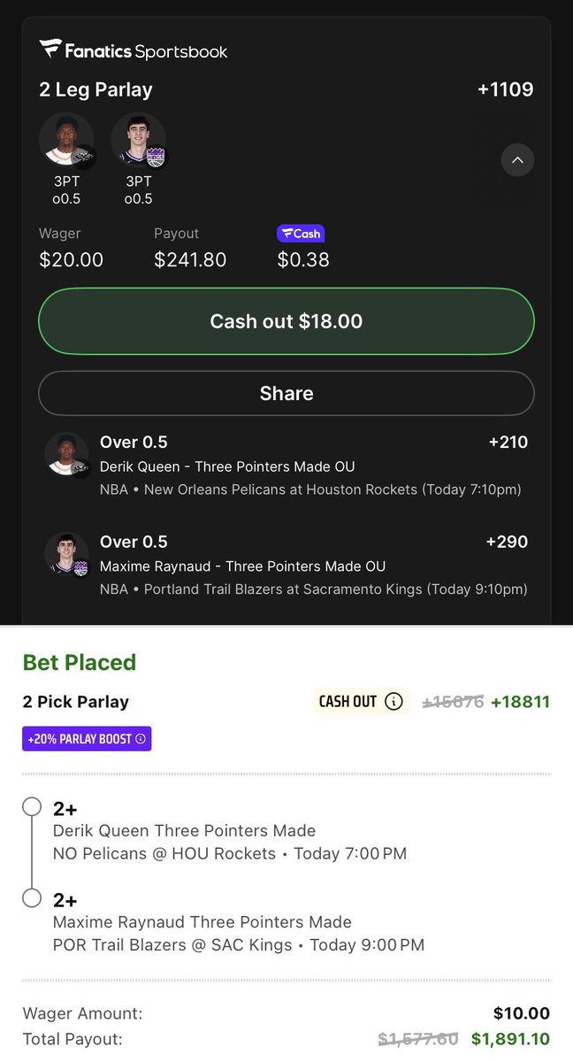 Queen / Raynaud Stack 🧩🕺

.20u  (+1109) Fanatics 
.10u 2+ (18811) Draftkings 

Two non shooters here but both in solid spots to shoot as their matchup won’t guard them past FT line. Queen will draw sengun while ray will see clingan/ yang.  

#NBA #CBB #GamblingX #BettingPicks
