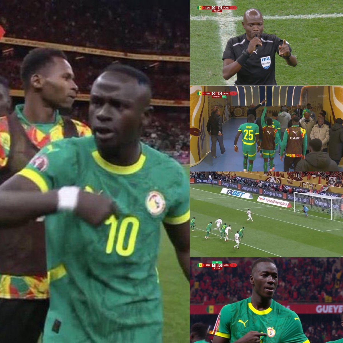كرة القدم في لحظة

- الحكم يحتسب ضربة جزاء للمغرب
- لاعبي السنغال تعترض على الغاء هدفها ثم احتساب بلنتي للمغرب
- لاعبي السنغال تخرج من الملعب 
- ساديو ماني يقول اللاعبين " علينا ان نعود ونلعب كالرجال"
- السنغال تسجل هدف التقدم