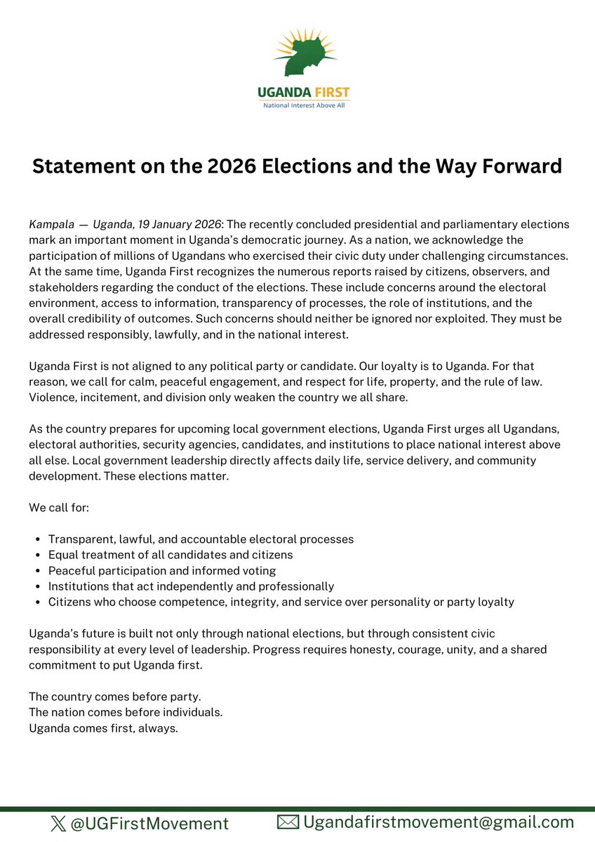 UGFirstMovement's tweet image. Uganda First recognizes the numerous reports raised by citizens, observers, and stakeholders regarding the conduct of the just concluded #UgandaElections.

Read full statement below: