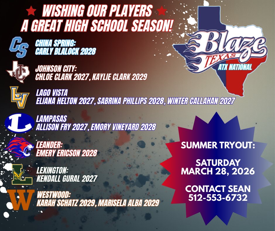 txblazeatxnat's tweet photo. 🥎Excited for HS ball &amp; 3/28 tryout, mark your calendar!🥎 https://t.co/k40L9KwXEN